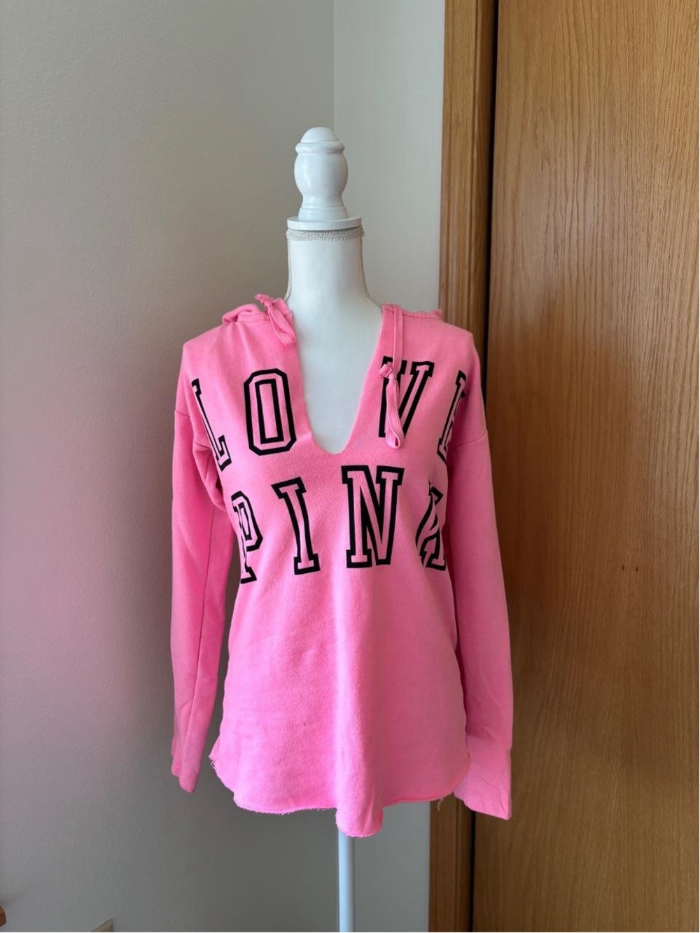 Y2K Victoria Secrets Pink 'LOVE PINK' Hooded V-Neck Sweatshirt